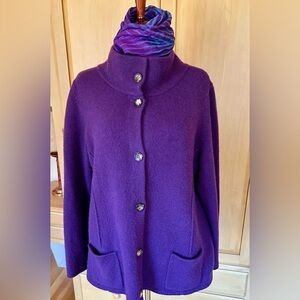DESIGNER EILEEN FISHER LAMBS WOOL AND CASHMERE PURPLE SWEATER JACKET, SI…